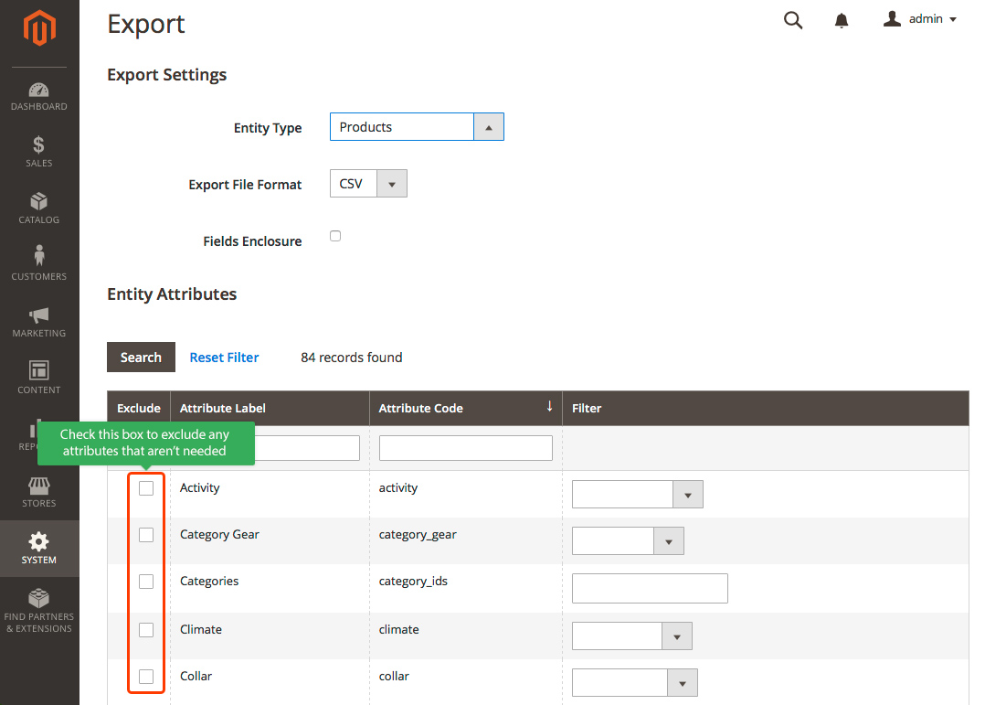 Import products in Magento 2 - Download Sample File in the Magento Export interface