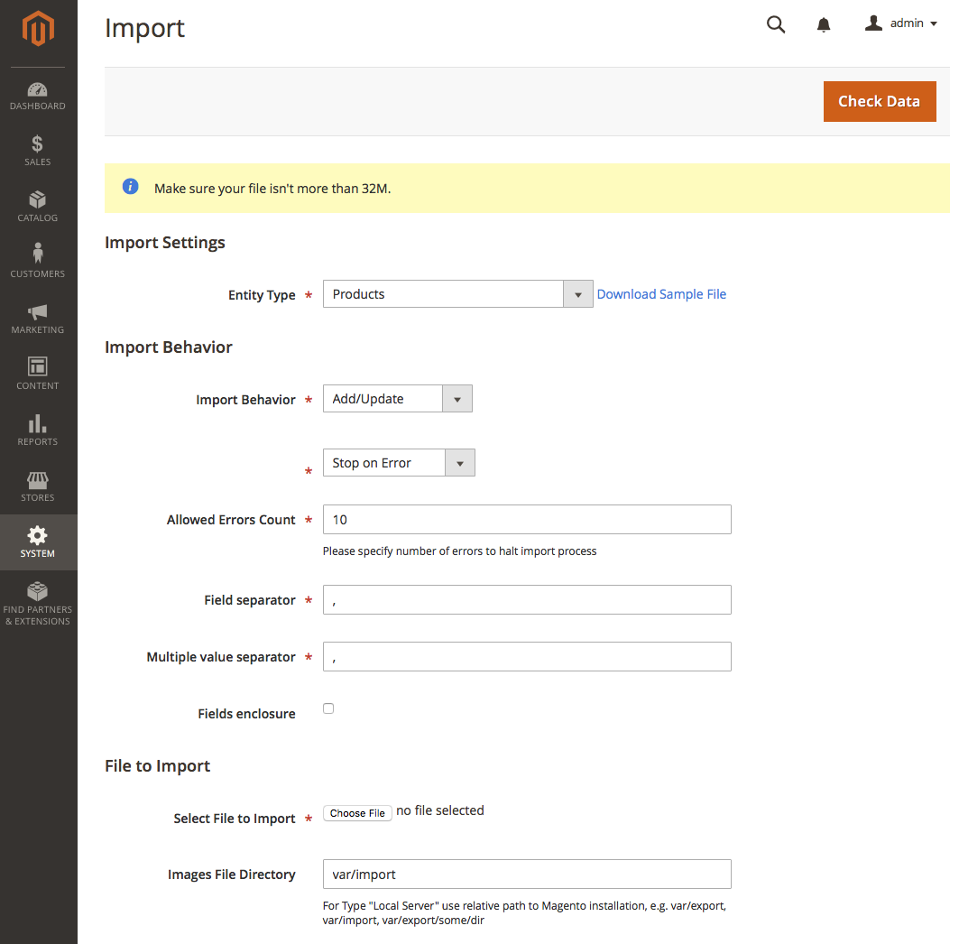 Import products in Magento 2 - Import the CSV file