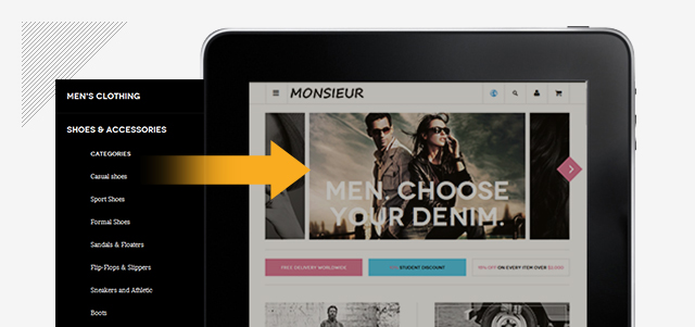 Off-canvas navigation for a more comfortable navigation in Monsieur