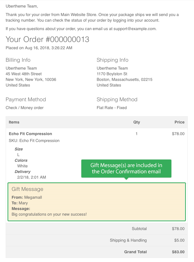 Magento 2 one step checkout - Gift Message on Order Confirmation email